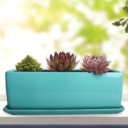 Vencer 14 Inch Rectangular Modern Minimalist Ceramic Succulent Planter Pot - Window Box with Saucer,Office Desktop Potted Stand,Turquoise,VF-0173T