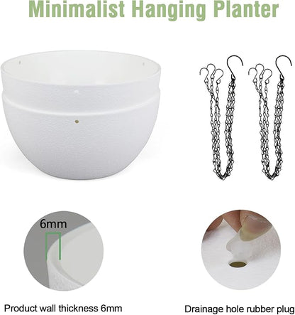 8 inch Small Hanging Planters for Indoor Outdoor Plants, 2 Pack Hanging Flower Pots with Drainage Holes and Chain for Garden Porch, Plastic Hanging Baskets for House Plants, White