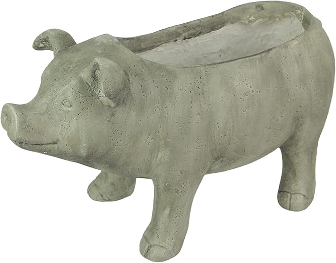 Zeckos Charming Rustic Weathered Grey Smiling Pig Resin Planter Plant Pot - Adorable Outdoor Décor Accent for Porches, Patios, Yards and Gardens - 17 Inches Long