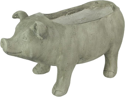 Zeckos Charming Rustic Weathered Grey Smiling Pig Resin Planter Plant Pot - Adorable Outdoor Décor Accent for Porches, Patios, Yards and Gardens - 17 Inches Long