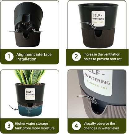 Flower and Plant Pot, Self Watering Plastic Plants Planter with Drainage Holes and Saucers, Modern Outdoor Indoor Decorative Flower Pot for Plants, Flowers, Herbs, Succulents (Grey, 7.5 inch)