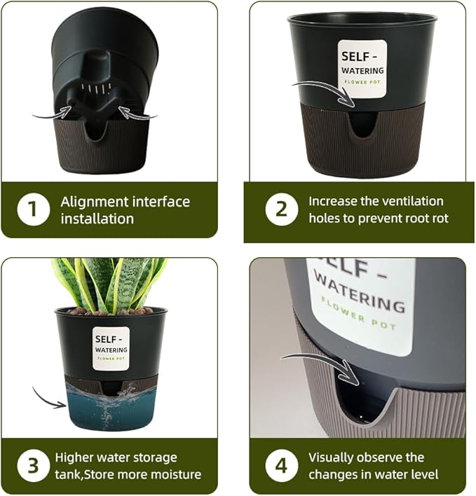 5/6.5/7.5 Inch Self Watering Pots for Indoor/Outdoor ,4 Pack plastic Planters for Indoor Plants with Drainage Holes and Saucers, Modern Decorative Flower Pot for Plants (Grey, 7.5-Inch, 4-Pack)