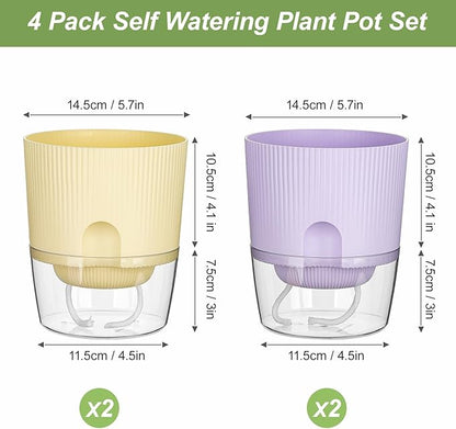 Plant Pots, 4 Pack 5.7 Inch Self Watering Pots for Indoor Plants, Flower Pots with Deep Reservoir and Drainage Holes - Yellow & Purple