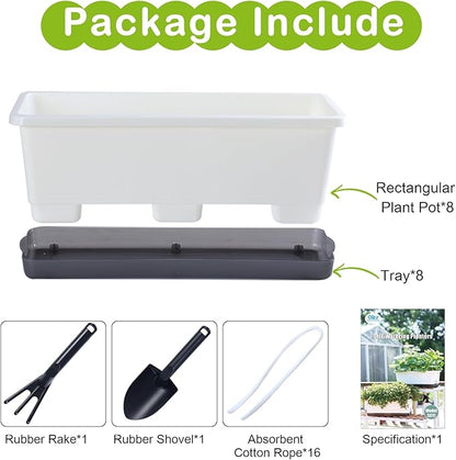 Window Box Planter 8 Pcs, 17 Inches Rectangle Flower Pots with Drainage Holes & Trays, Vegetable Planters for Windowsill Patio Garden Balcony Home Indoor Outdoor (White, 16 * 7 * 6 inch)