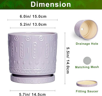 Ceramic Pots for Plants, 6 Inch Plant Pot for Indoor Outdoor Plants, Round Planter with Drainage Holes and Saucer, Boho Decorative Flower Pots, Apartment Decor, Plant Lover Gifts, Purple