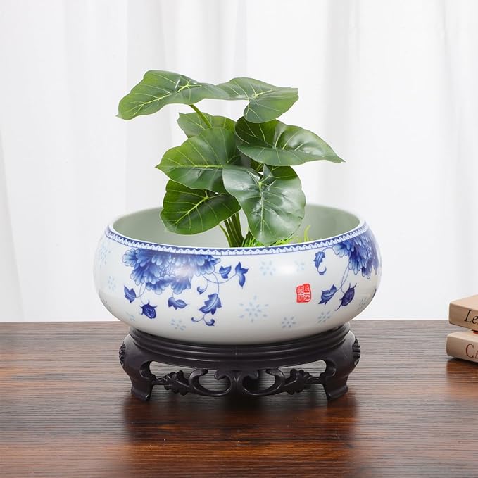 Yardwe Ceramic Flower Pot - Hydroponic Water Lily Bowl Planter with Stand Indoor Narcissus Container for Home Office Garden Decoration 7.1X6.3 Inch