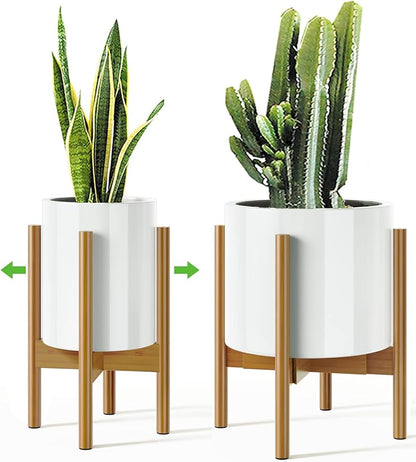MUDEELA Plant Stand for Indoor Plants: Adjustable Width Fits 8-12 Inch Pots - Mid Century Modern Bamboo Plant Stand - 14.5 Inch Single Tier Small Floor Plant Holder, Light Brown, 1 Pack (Without Pot)