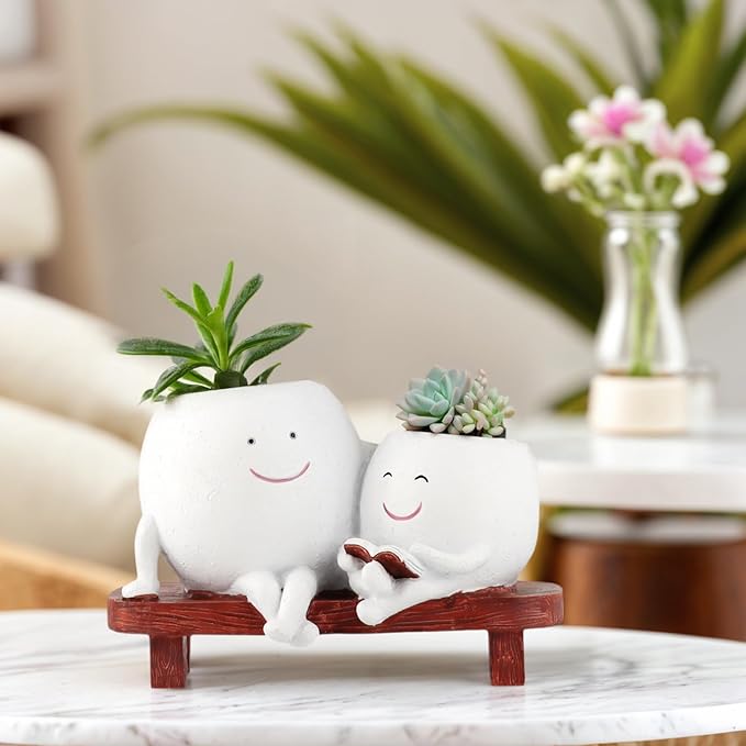 Meltset Cute Face Planter Pot - Funny Double Head Planter Sitting on Bench, Smiley Succulent Pot with Drainage Indoor and Outdoor, Unique Gift for Plant Lovers(White)