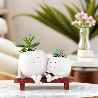 Meltset Cute Face Planter Pot - Funny Double Head Planter Sitting on Bench, Smiley Succulent Pot with Drainage Indoor and Outdoor, Unique Gift for Plant Lovers(White)