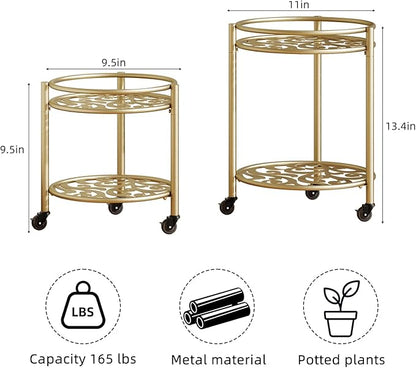 2 Tier Rolling Plant Stand with Wheels, Mid Century Modern Metal Stand for Planters, 2 Sizes 9 Inch & 11 Inch, Indoor Outdoor Movable Flower Pot Holder for Decor Home Garden Patio Load Bearing 165 LB 2 Pack Gold