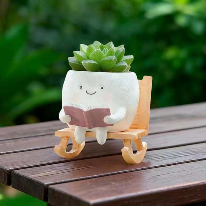 Adorable Smiley Face Reading Flower Pot, Unique Rocking Chair-Style Resin Plant Pot with Drainage Holes, Suitable for Indoor/Outdoor Planting and Home Decor (A)
