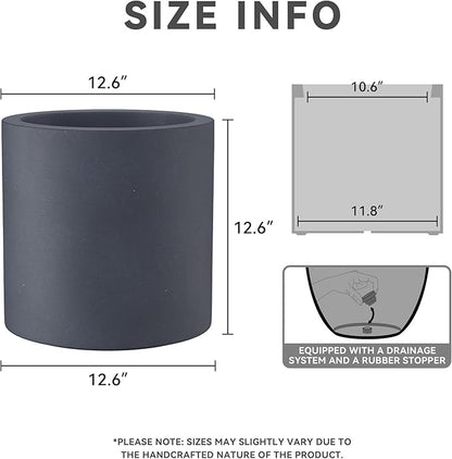 Kante 12.6" Dia Round Concrete Planter, Modern Style Large Cylindrical Plant Pot with Drainage Hole and Rubber Plug for Indoor Outdoor Patio, Dark Gray