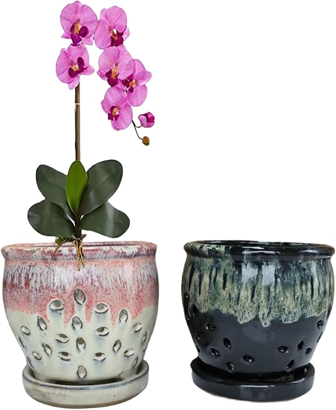 2PCS Small Ceramic Orchid Planter Pots with Holes 4.33inch Ceramic Planters for Orchid Repotting(Black&White)