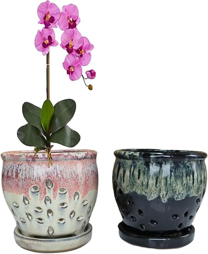 2PCS Small Ceramic Orchid Planter Pots with Holes 4.33inch Ceramic Planters for Orchid Repotting(Black&White)