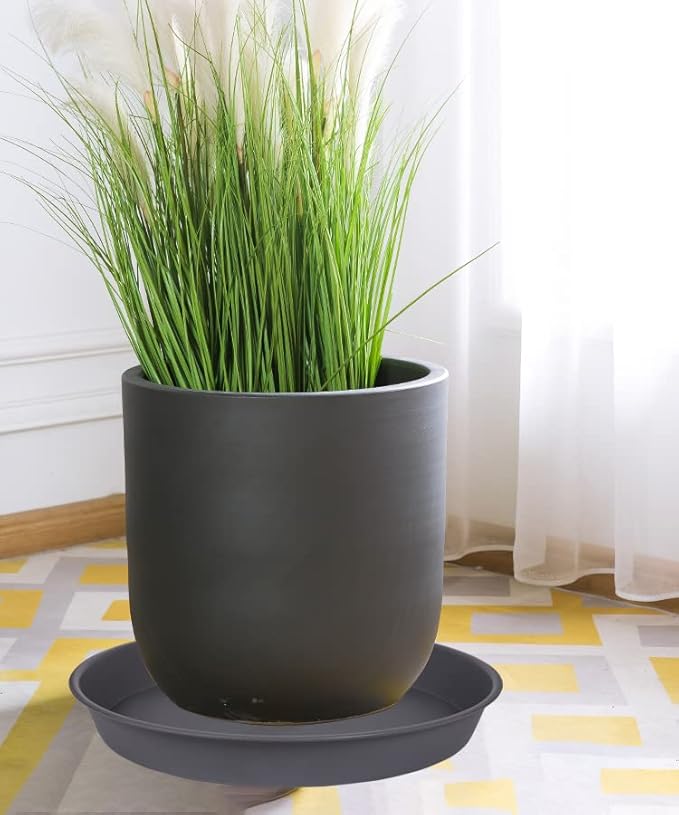 2 Pack of 14 inch Plant Saucer, Heavy Duty Round Plastic Plant Water Tray, Bird Bath Bowls, Plant Saucers for Indoors, Pot Drip Trays for Planter 12-14" (14", Cement)