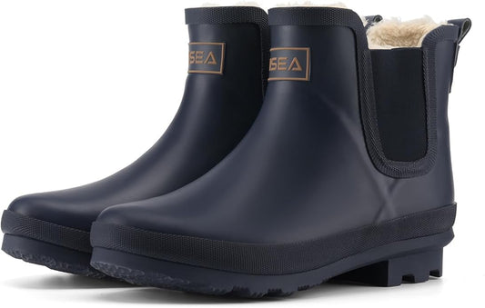 HISEA Women's Plush Rain Boots Waterproof, Chelsea Rubber Booties Women, Ladies Ankle Snow Boots for Winter Spring Garden Outdoor