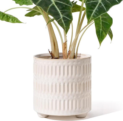 5 Inch Ceramic Planters for Indoor Plants, White Cactus Snake Plant Pots with Drainage, Unique Design Round Flower Pot for Home Decoration