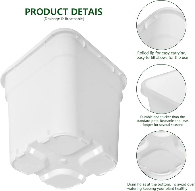 10-Pack 5 Gallon Square Planter Nursery Pots, Flower Plant Container Injection Molded Plastic Nursery Pot Gardening Pots for Indoor Outdoor Vegetables, Succulents, White