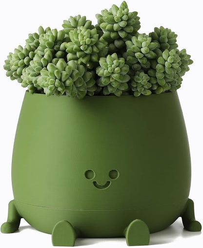 TOPOLA Happy Face Planter, 5.2 Inches Plastic Plant Pot, Self Watering Plant Pot with Drainage Holes for Indoor Outdoor, Succulent Pot, Funny Flower Pot, Dark Green