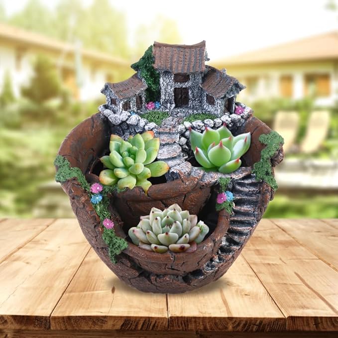 OUNONA Fairy Garden Planter Creative Flower Pot Holders with Hanging Garden Design Micro Landscape Succulent Plants for Indoor and Outdoor Plant Decor 3-Pot Planter with Sweet House for Desk Balcony