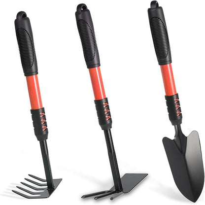 Garden Tool Set, 3 Pack Lightweight Heavy Gardening Kit Including Hand Shovel, Transplant Shovel and Hand Rake with Soft Rubber Non-Slip Handle, for Planting Weeding Digging, Orange ﻿