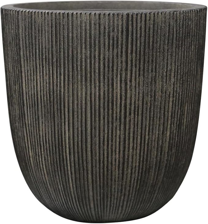 Vintage Black Cement-Look Ribbed Planter, 12.4"H Tall Tapered Egg-Shaped Plastic Plant Pot with Drainage Hole & Plug, Large Modern Indoor Outdoor Flower Pot for Home, Garden, Patio and Houseplants