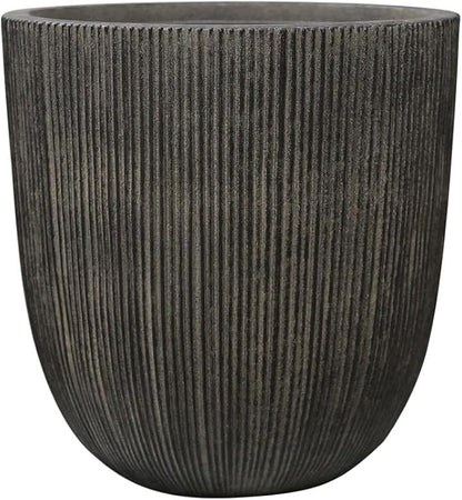 Vintage Black Cement-Look Ribbed Planter, 12.4"H Tall Tapered Egg-Shaped Plastic Plant Pot with Drainage Hole & Plug, Large Modern Indoor Outdoor Flower Pot for Home, Garden, Patio and Houseplants