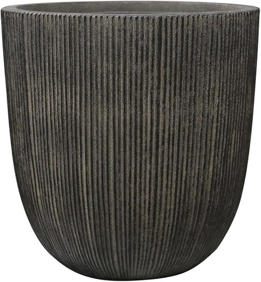 Vintage Black Cement-Look Ribbed Planter, 12.4"H Tall Tapered Egg-Shaped Plastic Plant Pot with Drainage Hole & Plug, Large Modern Indoor Outdoor Flower Pot for Home, Garden, Patio and Houseplants