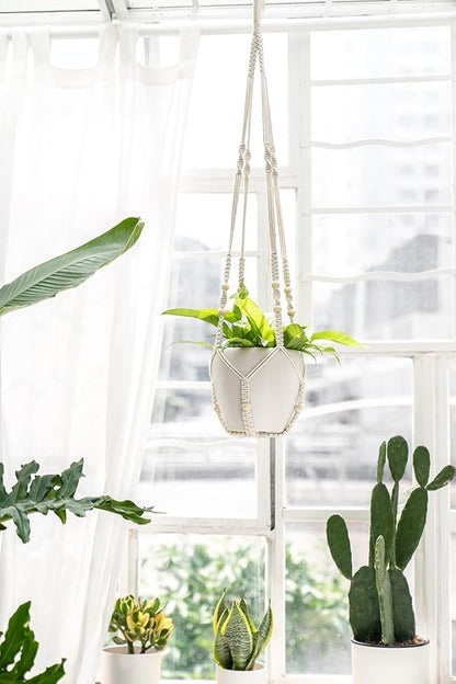 Mkono 43 Inch Macrame Plant Hanger Large for up to 12 Inch Pot Extra Long Hanging Plant Holder No Tassels Hanging Planter Basket with Wood Beads for Indoor Outdoor Boho Home Decor, Ivory, Set of 2