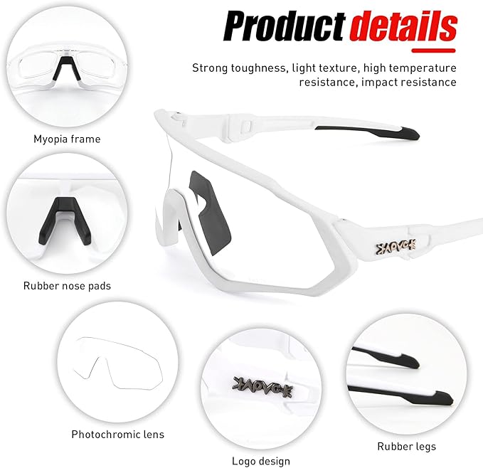 KAPVOE Photochromic Cycling Glasses Men Women Mountain Bike Sunglasses Clear MTB Bicycle Riding - K9408