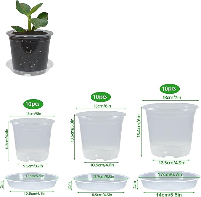 30 Pack 5/6/7 Inch Clear Nursery Pots with Drainage and 30 Pack Plant Saucers, Plant Pots for Plants Transparent Potting Containers for Plants Seeding Starter Pot (Clear, 5/6/7 Inch)