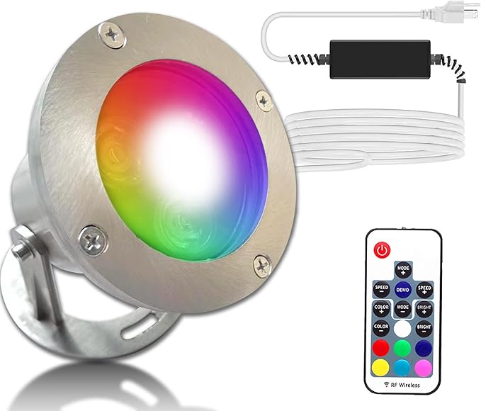 LED Pond Light with Remote Control, 6W Stainless Steel RGB Underwater Fountain Light with 12V Transformer, IP68 Waterproof Outdoor Submersible Landscape Lights for Waterfall Pond, Garden, Courtyard