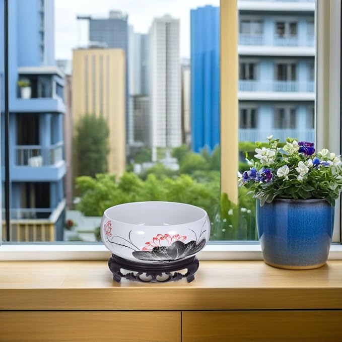 Veemoon Ceramic Lotus Planter Round Chinese Hydroponic Flower Pot Classic Water Lily Pot with Stand - Ink Style Lotus Pattern - Vintage Planter Container for Table Centerpiece Indoor Outdoor (6.68" W)
