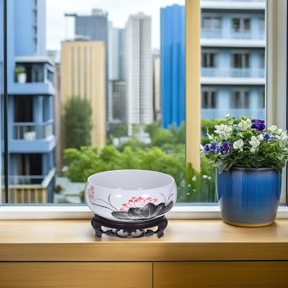 Veemoon Ceramic Lotus Planter Round Chinese Hydroponic Flower Pot Classic Water Lily Pot with Stand - Ink Style Lotus Pattern - Vintage Planter Container for Table Centerpiece Indoor Outdoor (6.68" W)