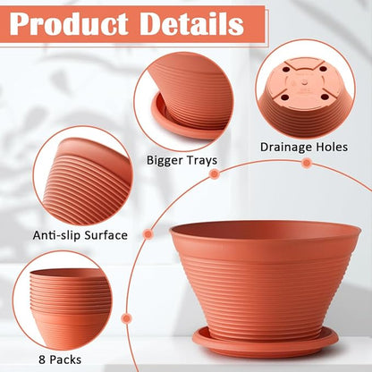 8 Pack 8 Inch Plant Pots with Saucers, Plastic Flower Pots with Drainage Holes, Large Planters for Indoor Outdoor Garden, House Plants, Flowers, Herbs, Gardening Gifts, Pottery Red