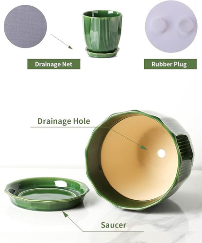 ADN Large 10 Inch Plant Pot Ceramic Planter Indoor Ceramic Pot with Drainage Hole and Saucer for Plants and Flowers, Green