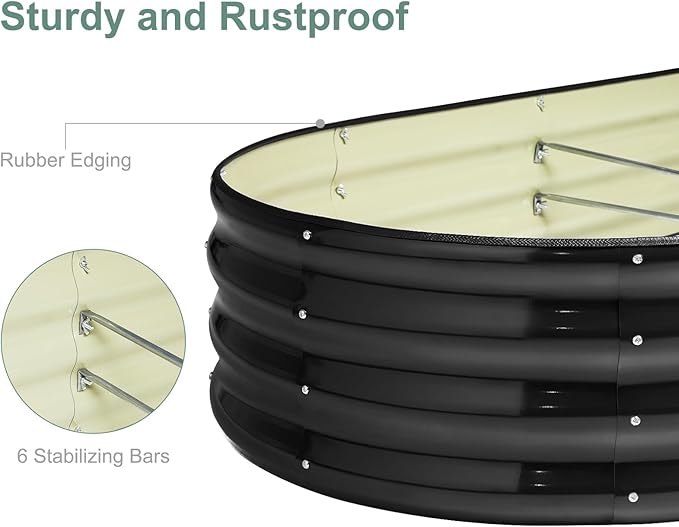 Galvanized Steel Raised Garden Bed 8x2ft Oval - 17" Tall 9-in-1 Modular Metal Planter Box for Vegetables/Flowers, Rust-Proof Outdoor Planters with Rubber Edge (Black)