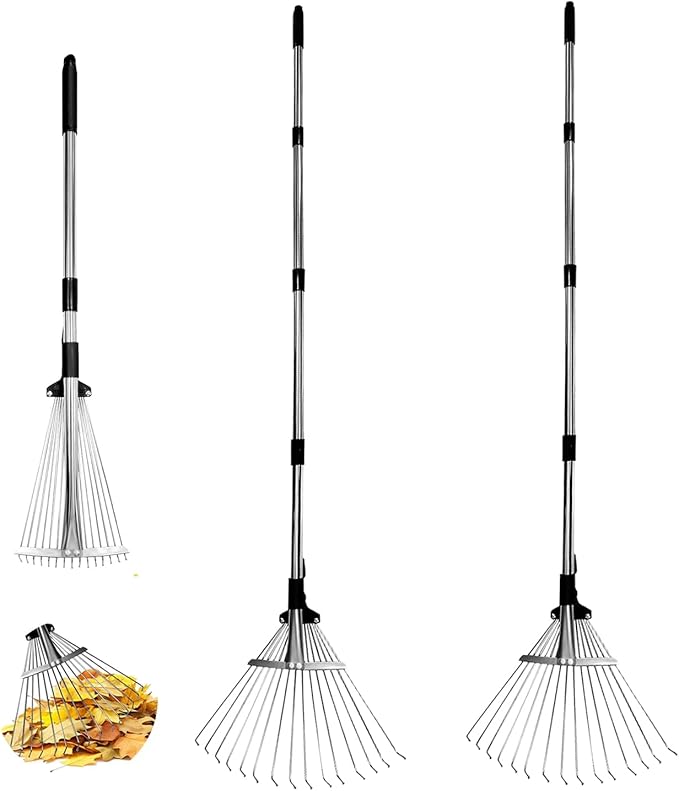 2 Packs Garden Rake for Leaves – Heavy Duty Metal Leaf Rake for Lawns with Adjustable Handle (33"-69") & Expandable Head (8"-15") – Durable for Lawn, Shrub, Garden Beds – Essential Gardening Tools