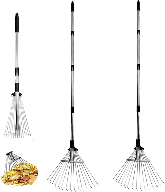 2 Packs Garden Rake for Leaves – Heavy Duty Metal Leaf Rake for Lawns with Adjustable Handle (33"-69") & Expandable Head (8"-15") – Durable for Lawn, Shrub, Garden Beds – Essential Gardening Tools