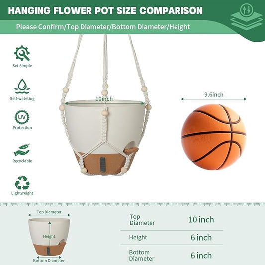 Self-Watering Hanging Planters for Indoor Plants Set 2-Piece Includes Plant Hanging Pot, Drainage-Hole Hanging Pot, and Hanging Basket Rack (10 Inches, White)