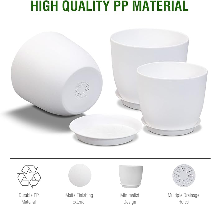 12/10/9 Large Plant Pots, Plastic Planters with Drainage Holes and Saucers for Indoor Outdoor Plants Flowers, White