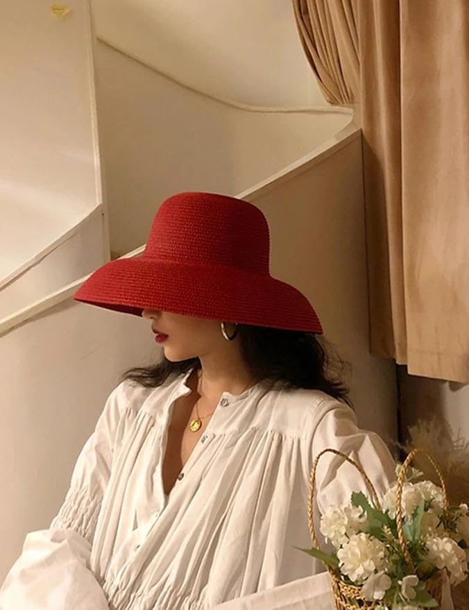 Wide-Brim Classic Elegant Style Foldable Straw Hat Women's Retro UV Resistant Sun Hats for Outdoor, Beach and Travel
