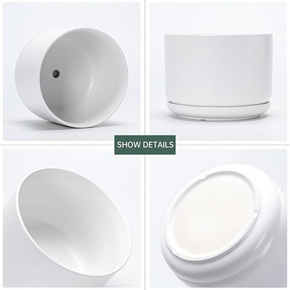 Ton Sin Plant Pots, 4.1+5.1+6.5 inch, Set of 3, Ceramic Planters with Drainage Hole and Saucer, Indoor Flower Pot with Drainage Hole, Gifts for Mom(Matte White)