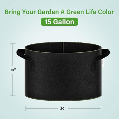 iPower 15-Gallon 10-PCS Thickened Grow Bag Nonwoven Fabric Pots with Handles Heavy Duty Aeration Container for Garden and Planting Vegetable Flowers, Black with Green Stitch Sewing