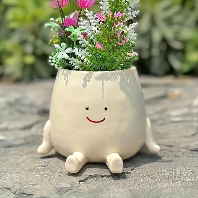 Smiley Face Planter Pot – Small Cute Resin Flower Head Planter with Drainage Hole, Succulent Pot for Indoor & Outdoor Home Décor