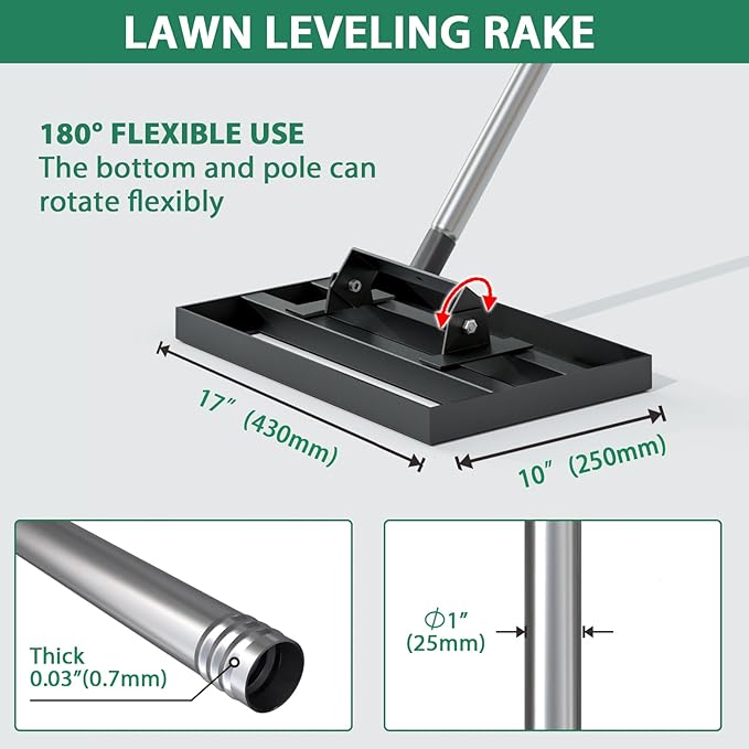 Lawn Leveling Rake 17" x 10" with 78" Adjustable Stainless Steel Handle - Heavy Duty Grass Leveling Tool, Leveling rake for Lawn Care, Yard Leveler
