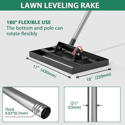 Lawn Leveling Rake 17" x 10" with 78" Adjustable Stainless Steel Handle - Heavy Duty Grass Leveling Tool, Leveling rake for Lawn Care, Yard Leveler