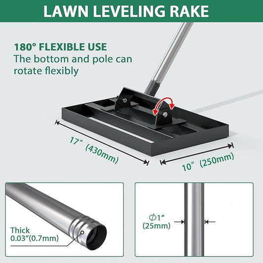 Lawn Leveling Rake 17" x 10" with 78" Adjustable Stainless Steel Handle - Heavy Duty Grass Leveling Tool, Leveling rake for Lawn Care, Yard Leveler