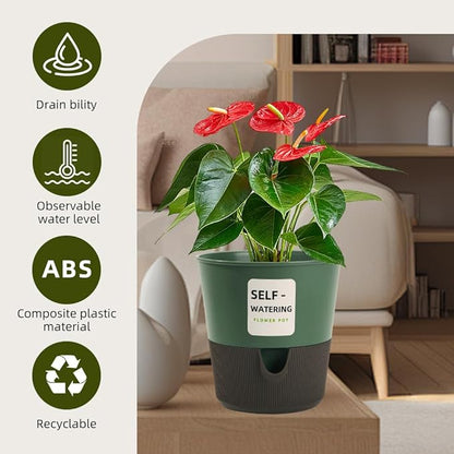 5/6.5/7.5 Inch Self Watering Pots for Indoor/Outdoor ,4 Pack plastic Planters for Indoor Plants with Drainage Holes and Saucers, Modern Decorative Flower Pot for Plants (Green, 5-Inch, 4-Pack)
