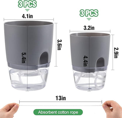 Aulock 6 pcs Self Watering Plant Pots - 4.1/3.2 in Plastic Planter with Drainage Holes, Flower Pots for African Violet, Mini Indoor Plants, Succulents, Herbs, Cactus, Basil, Grey